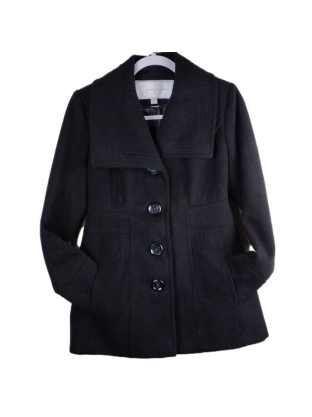 Jessica Simpson Black Gray Shawl Collar Long Sleeve Button Front Mid Len…